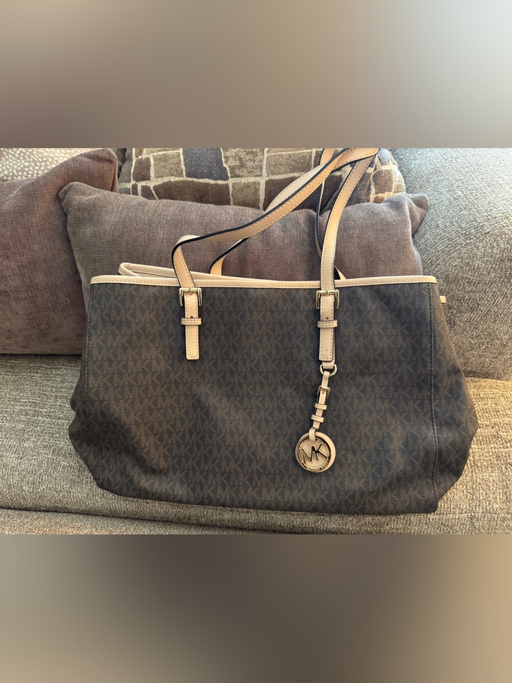 Michael Kors Brown Logo Tote with Beige Trim